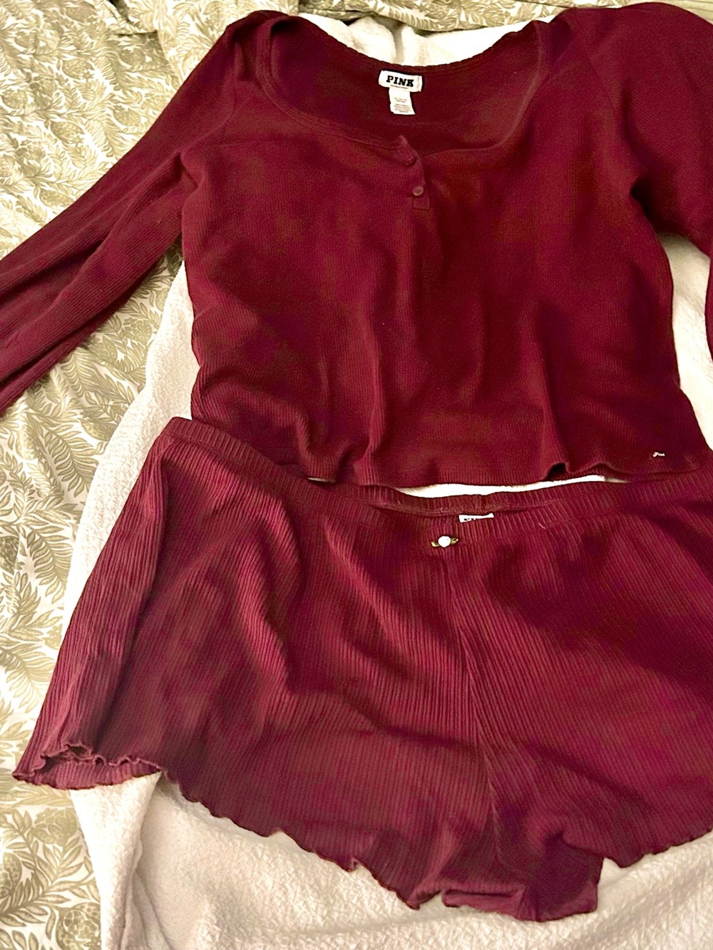 PINK Victoria's Secret Ribbed Henley Cowl Neck pj top and bottom - Maroon